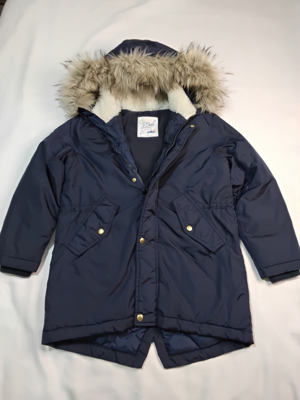 J. Crew Crewcuts Boys Navy Hooded Faux-Fur Trim Puffer Jacket Sz L.